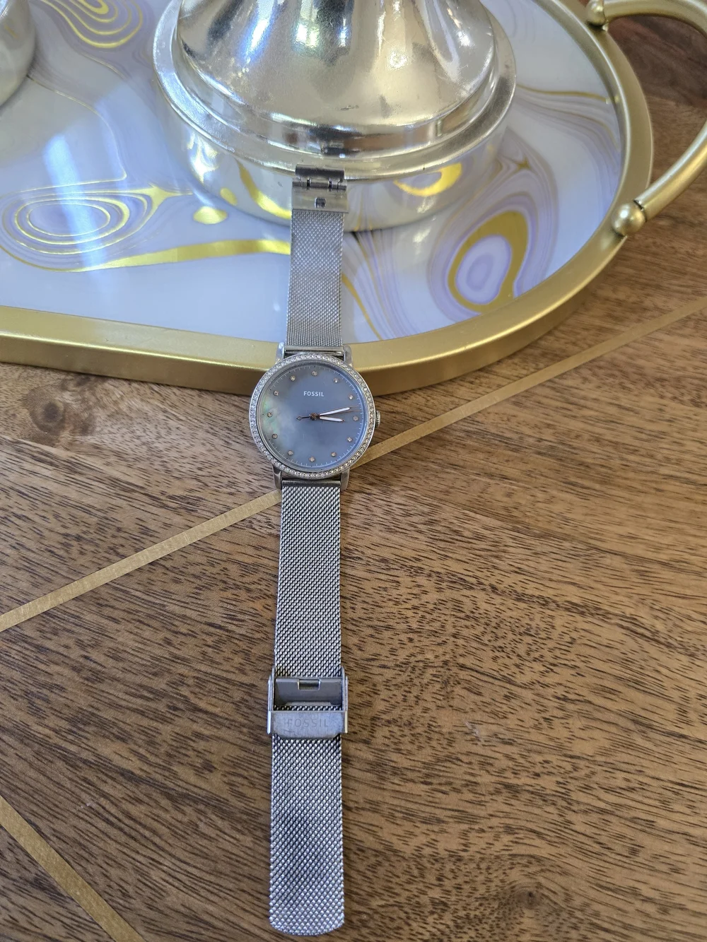 Fossil Silver Mesh Watch with Blue Mother-of-Pearl Dial and Crystal Bezel
